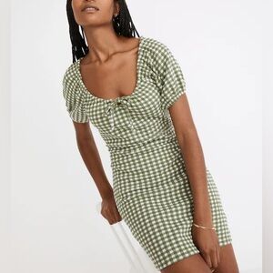Madewell | Jacquard Puff-Sleeve Mini Sun Dress in Gingham Check Print Green NEW